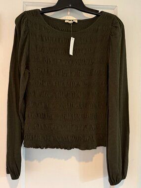 Madewell Smocked Top w/Peasant Sleeve - Olive - Large - NWT!